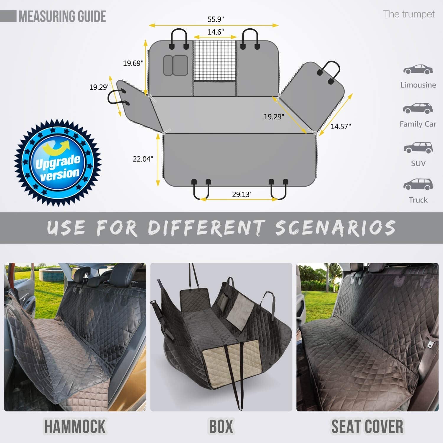 Dog Car Seat Cover for Back Seat, 100% Waterproof Back Seat Pet Cover for Dogs with Mesh Window, Scratch Prevent Antinslip Dog Hammock for Car